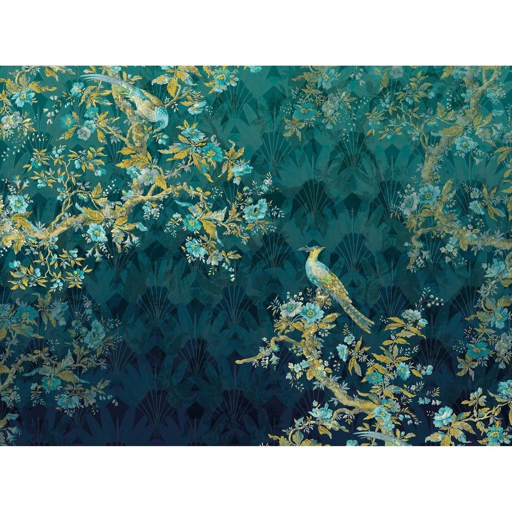 Art déco és virág mintás tapéta, pávákkal, 350x260 cm, türkiz-arany - PAONS - Butopêa